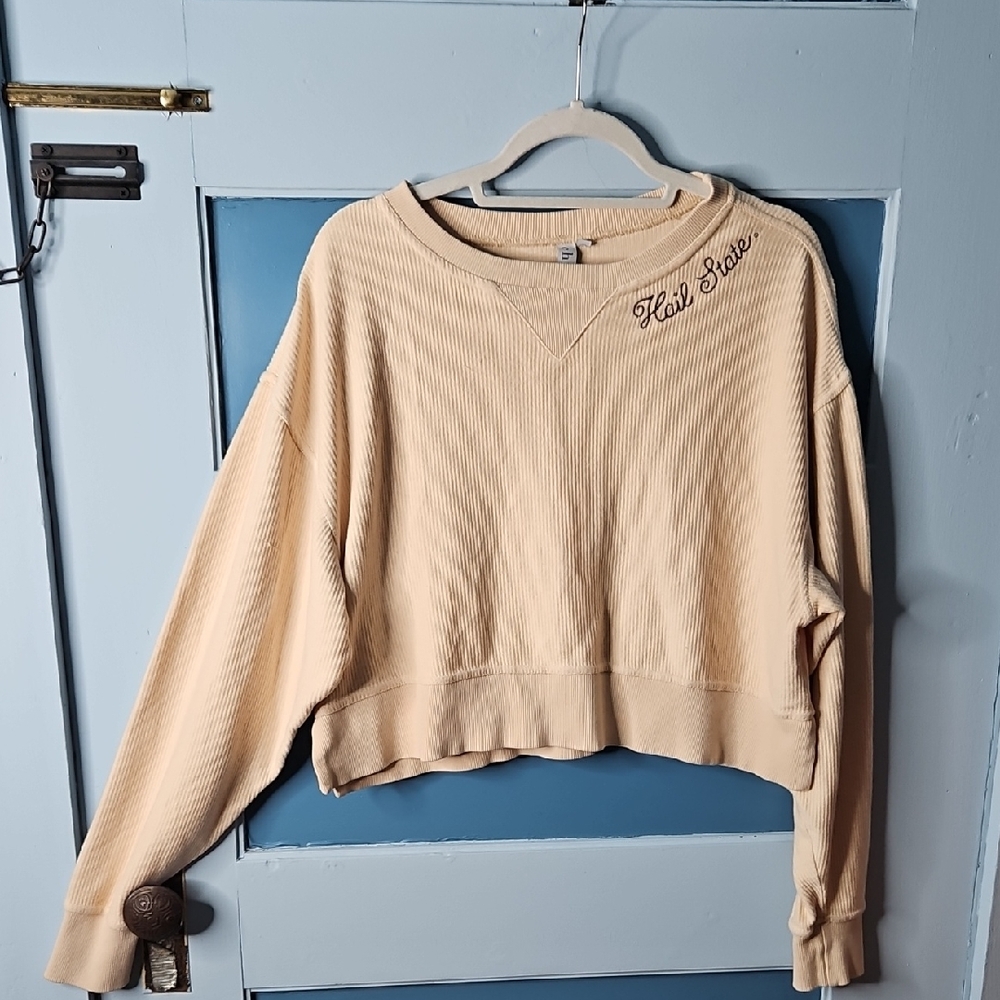 Chicka-d Women's Cream Ribbed Crop Longsleeve Sweatshirt Top Small